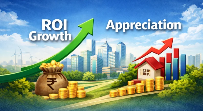 Expected ROI & Price Appreciation in Dholera Smart City showing land investment growth, rising property prices, and ROI graph with future value increase