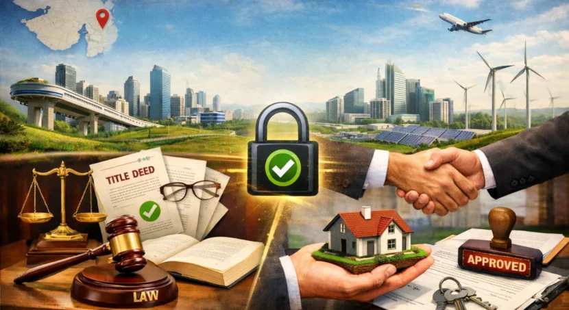 Is Dholera investment safe showing legal documents, land registry process, property approval, and secure real estate transaction in Dholera Smart City