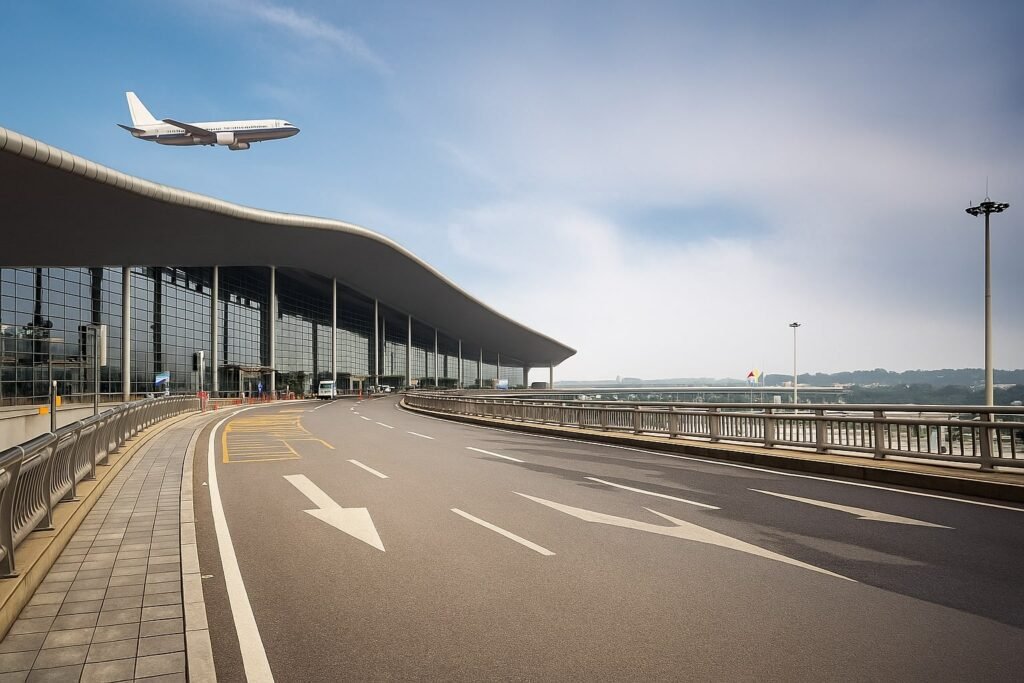 Dholera International Airport Terminal with Airplane in Flight