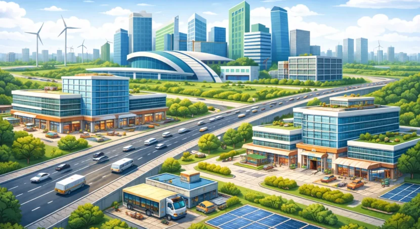 Commercial property and rental income opportunities in Dholera Smart City with modern buildings, smart roads, and green infrastructure