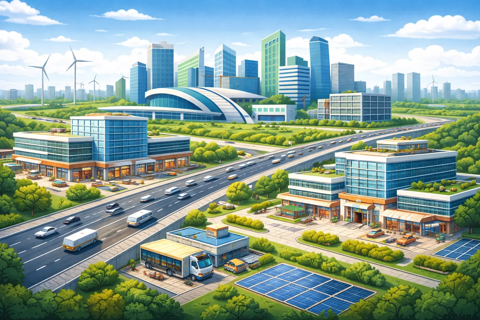Commercial property and rental income opportunities in Dholera Smart City with modern buildings, smart roads, and green infrastructure