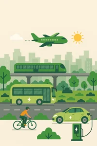 Illustration of eco-friendly transport of dholera with EVs, buses, trains, and cycling.