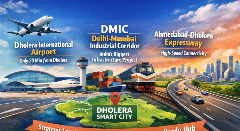 Dholera Smart City location advantage showcasing airport, expressway connectivity, DMIC corridor and planned infrastructure development