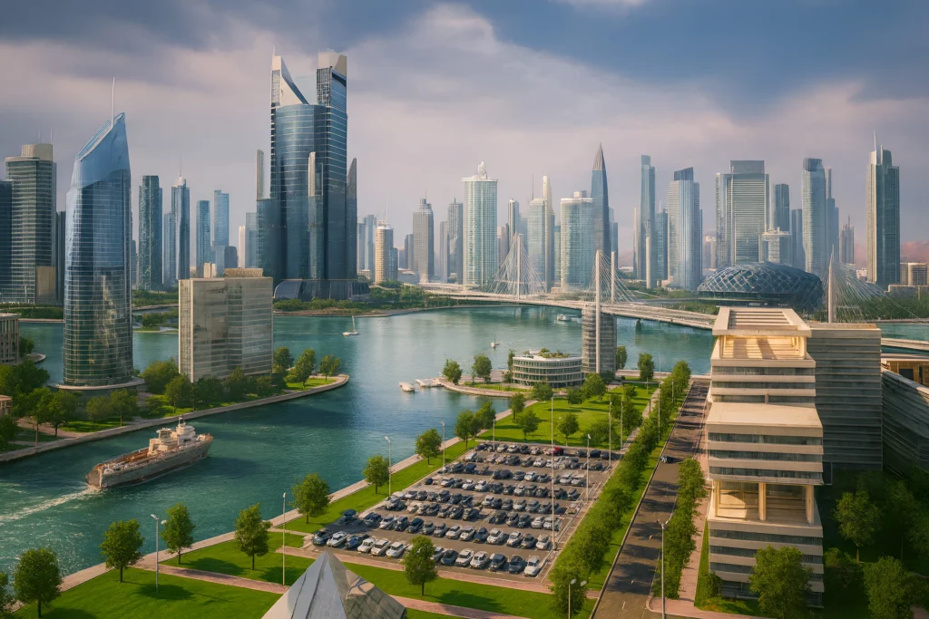 Aerial view of Dholera Smart City showing planned urban infrastructure, modern buildings, green spaces, water bodies, and smart city development layout
