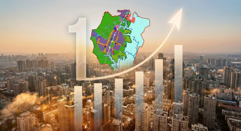 Dholera Smart City master plan map over a modern city skyline representing future growth, infrastructure development, and rising investment opportunities in Dholera SIR