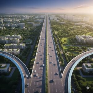 Aerial view of a modern expressway with greenery and buildings.