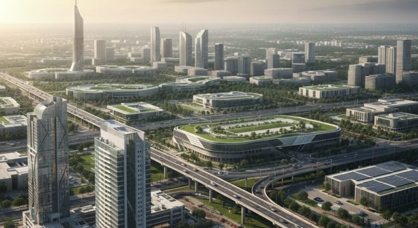 Modern smart city with high-rise towers, green-roof buildings, and expressways.