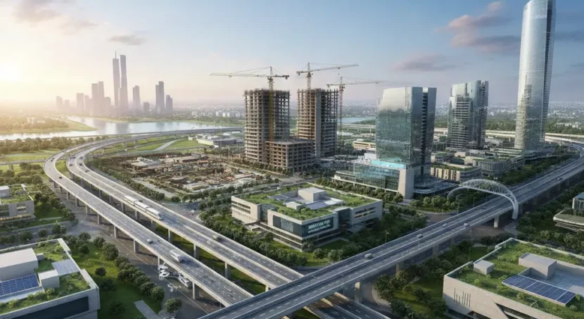 : An aerial view of a sprawling, futuristic smart city (Dholera)