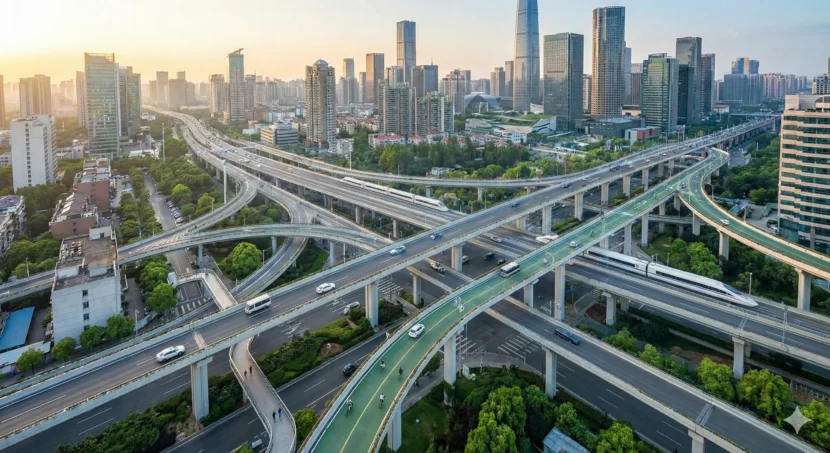 Modern smart city with layered expressways and green mobility routes.
