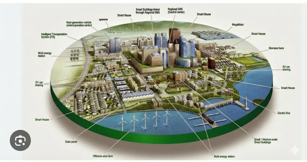 3D model of a smart city with renewable energy, smart homes, EV systems, and modern infrastructure.