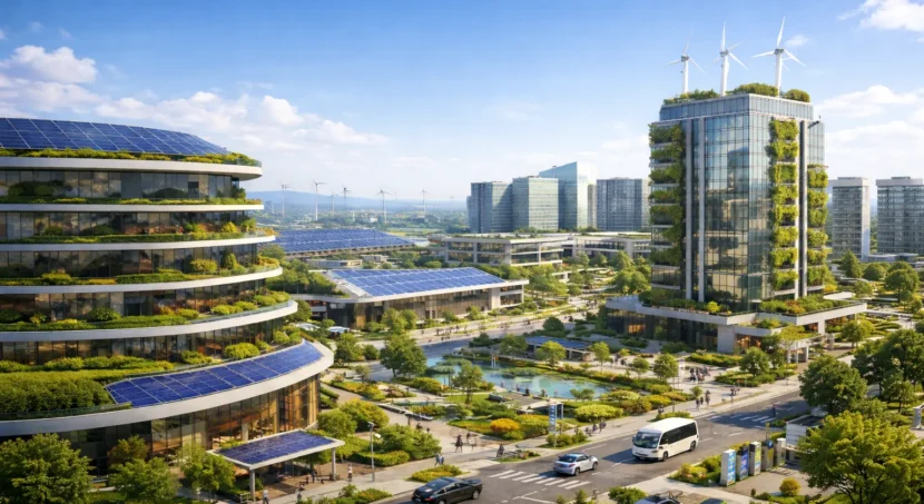 Dholera Smart Buildings showcasing green innovation in India with solar panels, wind turbines, eco-friendly architecture, and sustainable urban planning