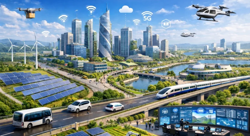 Dholera Greenfield Smart City featuring smart infrastructure, solar energy, high-speed transit, AI monitoring, 5G connectivity, and sustainable urban development