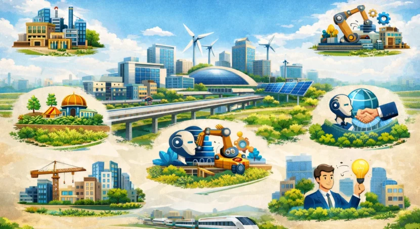 Opportunities for startups in Dholera Smart City highlighting smart infrastructure, renewable energy, industrial parks, AI automation, high-speed transport, and innovation-driven urban development.