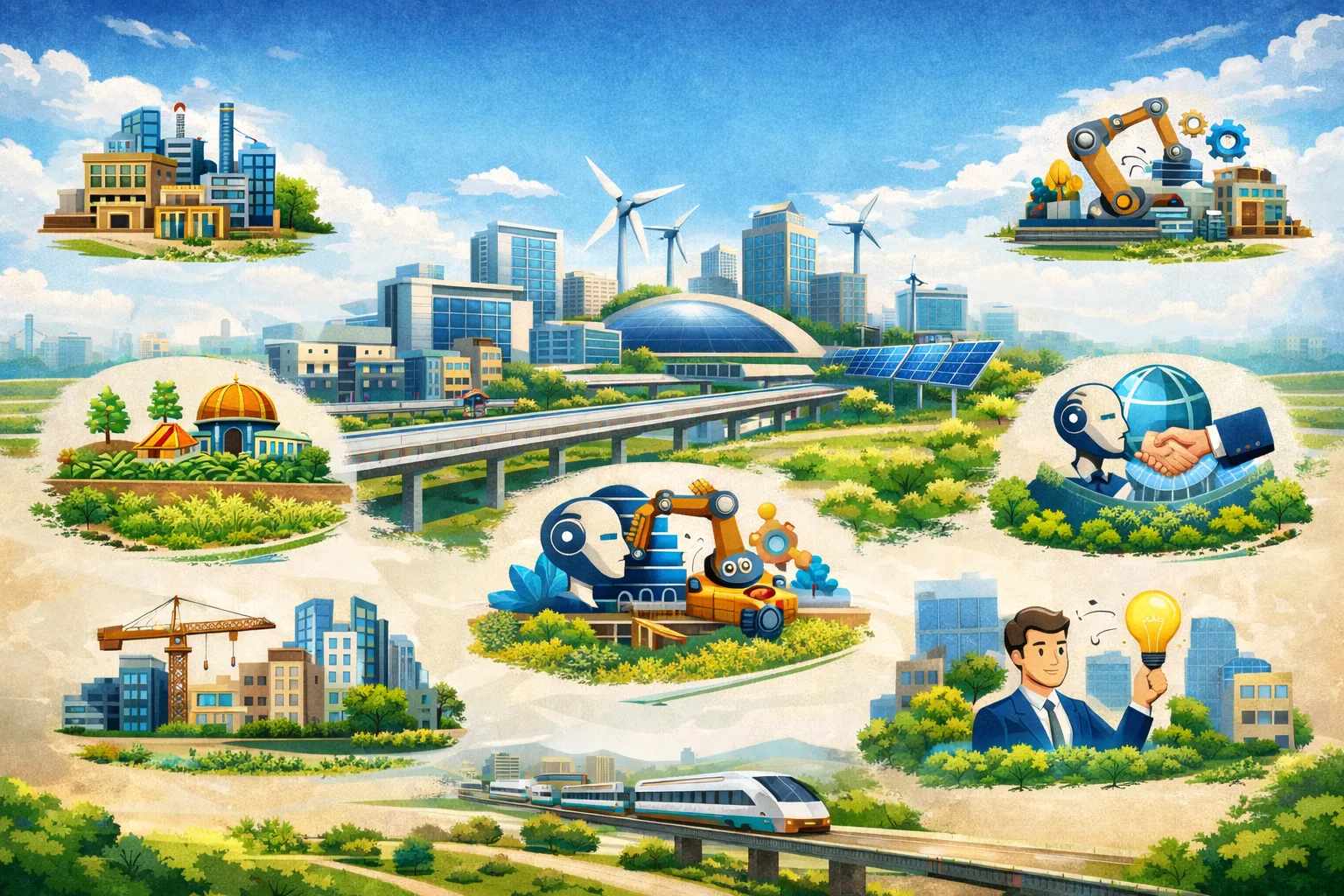 Opportunities for startups in Dholera Smart City highlighting smart infrastructure, renewable energy, industrial parks, AI automation, high-speed transport, and innovation-driven urban development.