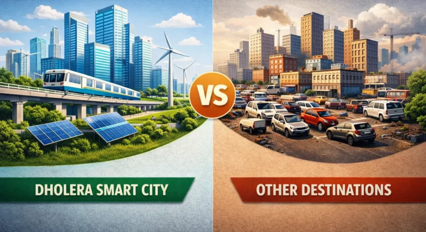 Dholera Smart City vs Other Investment Destinations showing planned smart infrastructure versus congested cities.