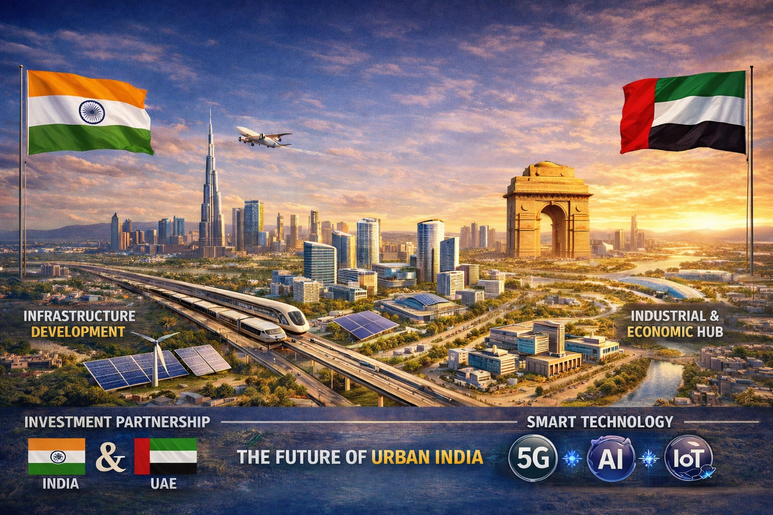Dholera Smart City investment opportunity showcasing India–UAE partnership, smart infrastructure, high-speed transit, solar energy, and modern urban development