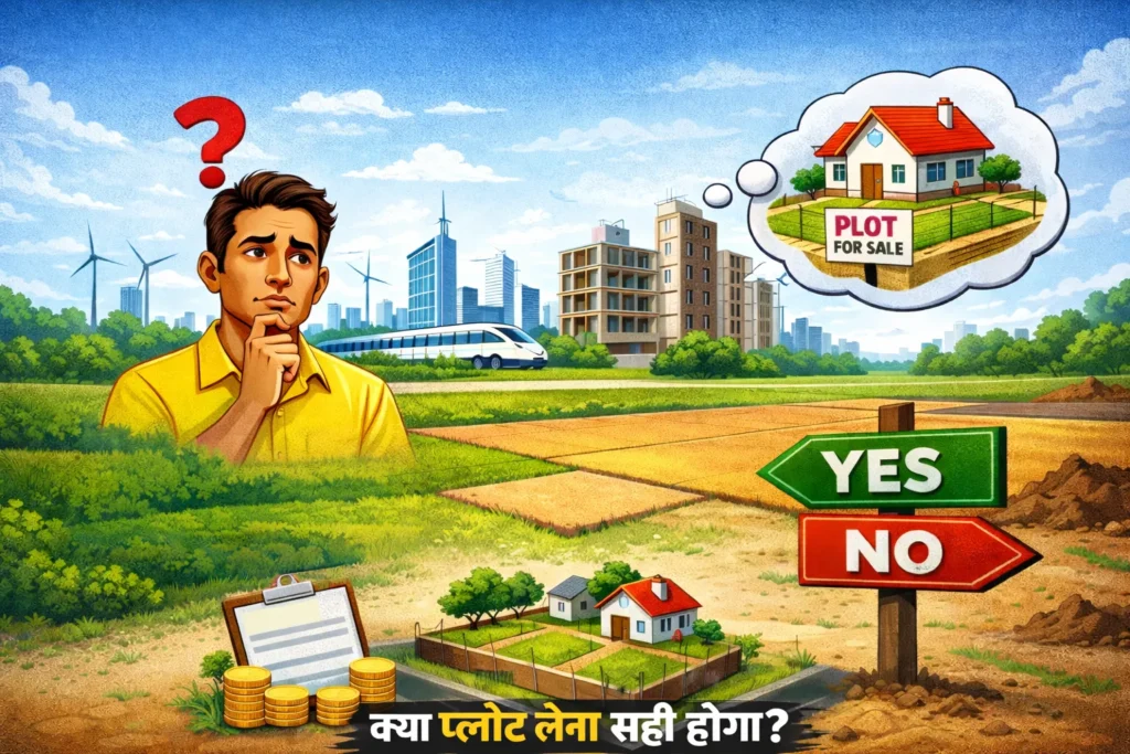 Dholera Smart City me plot lene ko lekar sochta hua vyakti, modern city development, plot for sale sign, YES/NO decision board aur “kya plot lena sahi hoga” ka visual concept