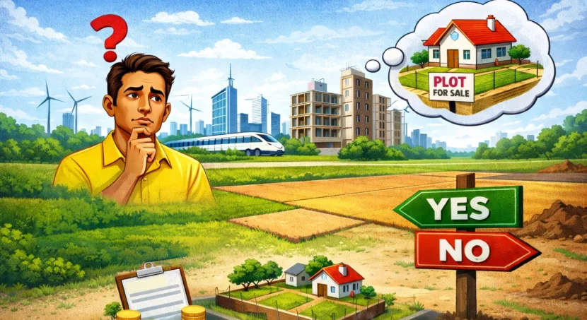 Dholera Smart City me plot lene ko lekar sochta hua vyakti, modern city development, plot for sale sign, YES/NO decision board aur “kya plot lena sahi hoga” ka visual concept
