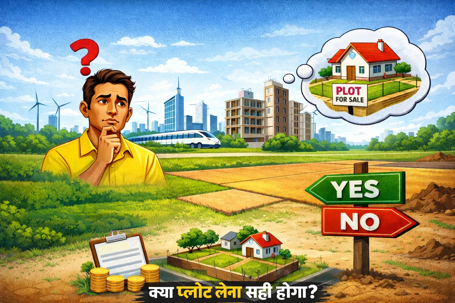 Dholera Smart City me plot lene ko lekar sochta hua vyakti, modern city development, plot for sale sign, YES/NO decision board aur “kya plot lena sahi hoga” ka visual concept