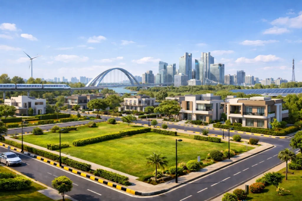 Residential plots in Dholera Smart City with modern villas, green landscapes, wide roads, and smart infrastructure showcasing planned urban development.