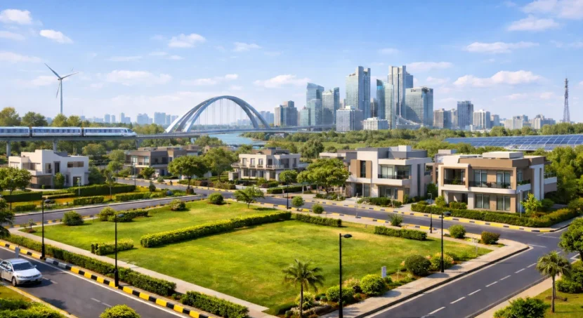 Residential plots in Dholera Smart City with modern villas, green landscapes, wide roads, and smart infrastructure showcasing planned urban development.