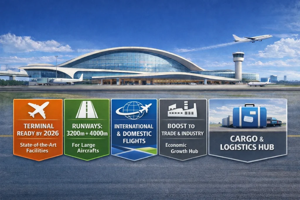 Dholera smart city airport status showing modern international airport terminal, long runways, cargo and logistics hub, and upcoming domestic and international flight facilities.