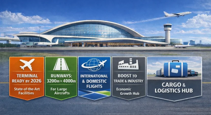 Dholera smart city airport status showing modern international airport terminal, long runways, cargo and logistics hub, and upcoming domestic and international flight facilities.