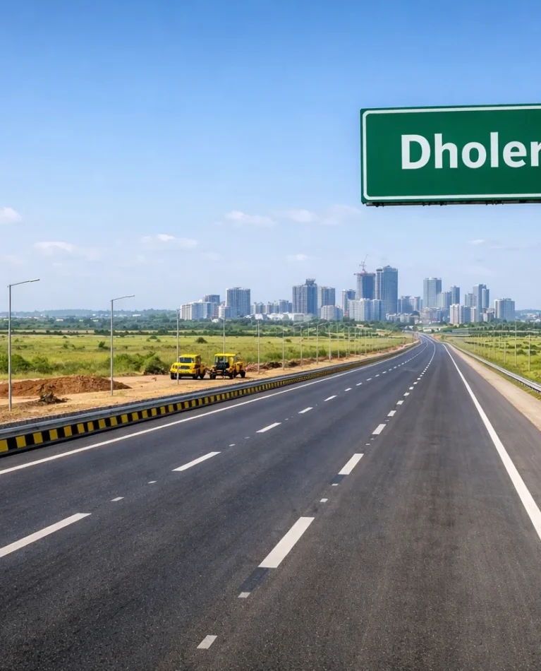 Dholera Expressway Postponed or Not? Latest Ground Reality Dholera Expressway postponed or not, showing ongoing expressway construction and connectivity toward Dholera Smart City