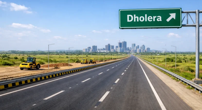 Dholera Expressway postponed or not, showing ongoing expressway construction and connectivity toward Dholera Smart City