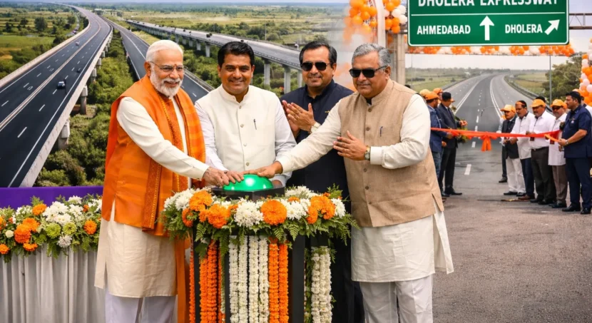 Dholera Expressway inauguration ceremony by Prime Minister highlighting infrastructure growth and investment potential for plots near expressway Dholera Smart City