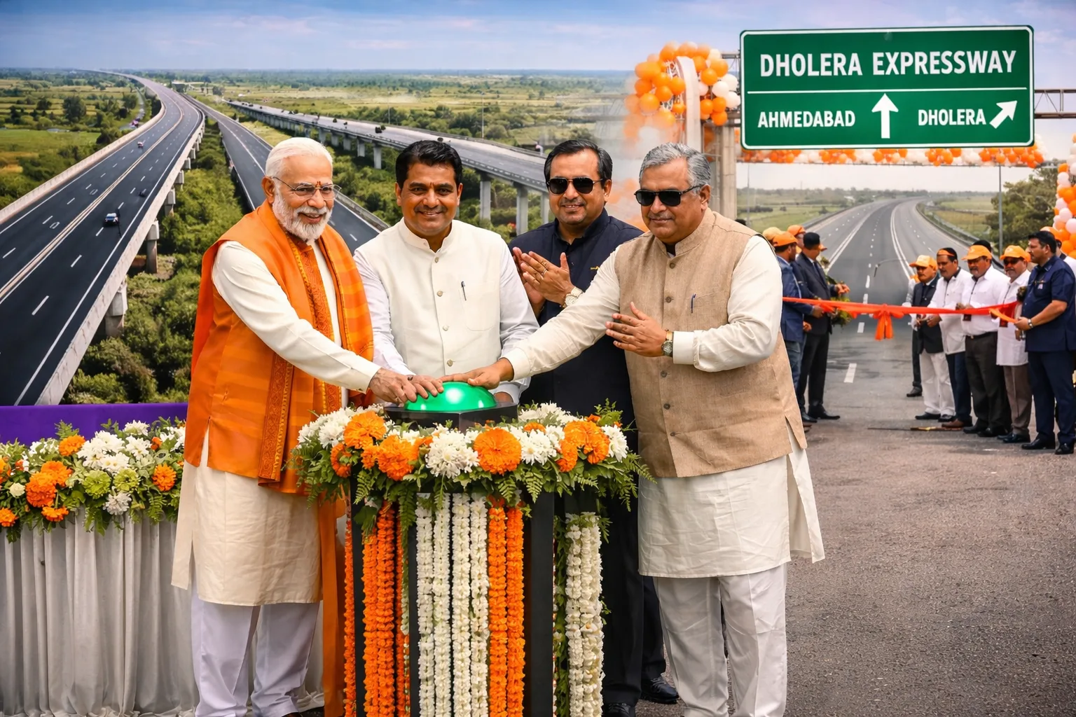 Dholera Expressway inauguration ceremony by Prime Minister highlighting infrastructure growth and investment potential for plots near expressway Dholera Smart City