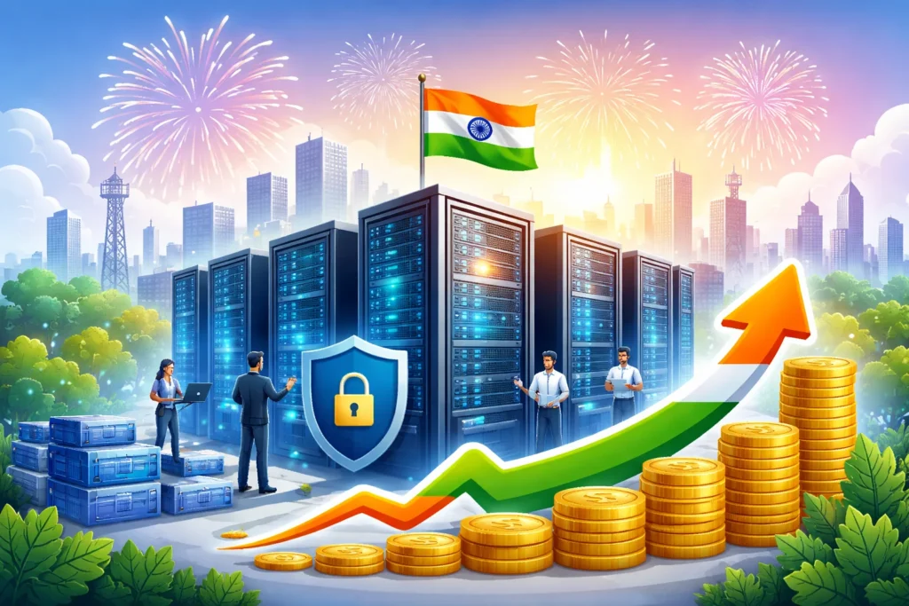 Tax holiday till 2047 for data centres in India illustrated with modern server infrastructure, digital growth, rising investment, and national development.
