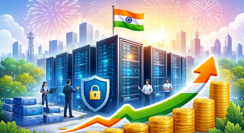 Tax holiday till 2047 for data centres in India illustrated with modern server infrastructure, digital growth, rising investment, and national development.