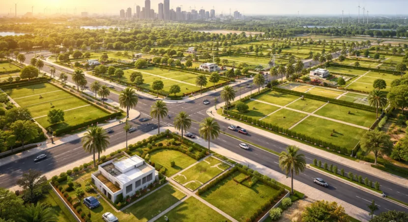 Residential plots in Dholera SIR with planned road network, green open spaces, and smart city infrastructure showcasing high appreciation potential.