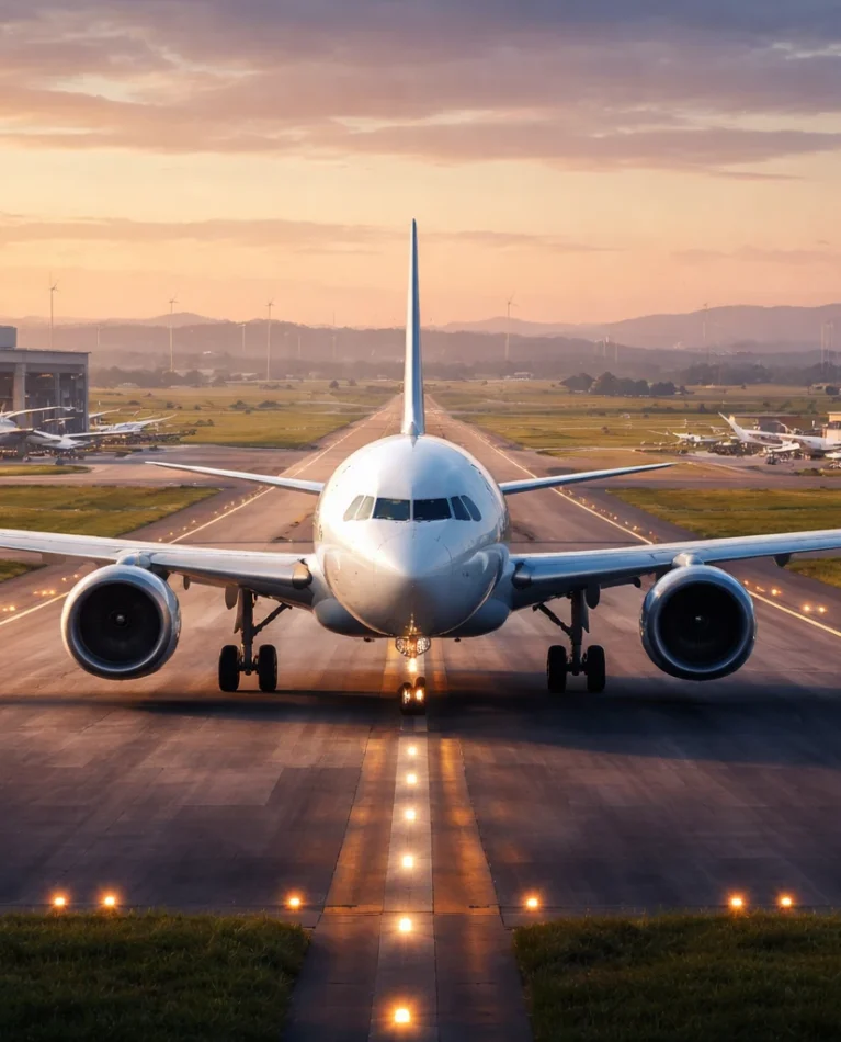Dholera Airport – Indigenous Aircraft Manufacturing and Aviation Growth Ultra-realistic view of a commercial aircraft taxiing on the runway at Dholera Airport with aircraft manufacturing hangars and assembly facilities in the background, showcasing indigenous aviation growth in India.