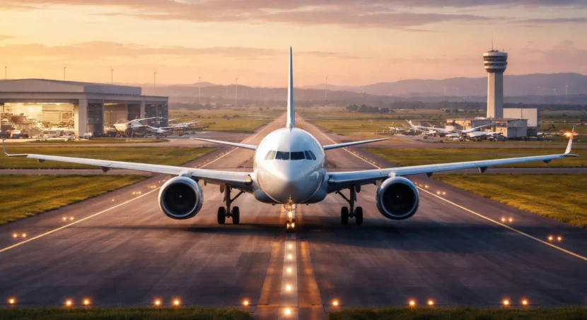 Ultra-realistic view of a commercial aircraft taxiing on the runway at Dholera Airport with aircraft manufacturing hangars and assembly facilities in the background, showcasing indigenous aviation growth in India.
