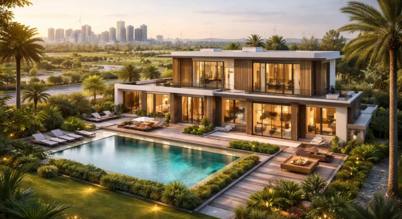 Luxury modern villas in Dholera Smart City with landscaped surroundings, wide roads, and smart infrastructure showcasing premium living and future-ready development.