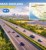 Ahmedabad Dholera Expressway connecting Ahmedabad to Dholera SIR with multi-lane highway, green landscape, and route map highlighting Sanand and Dholera Smart City