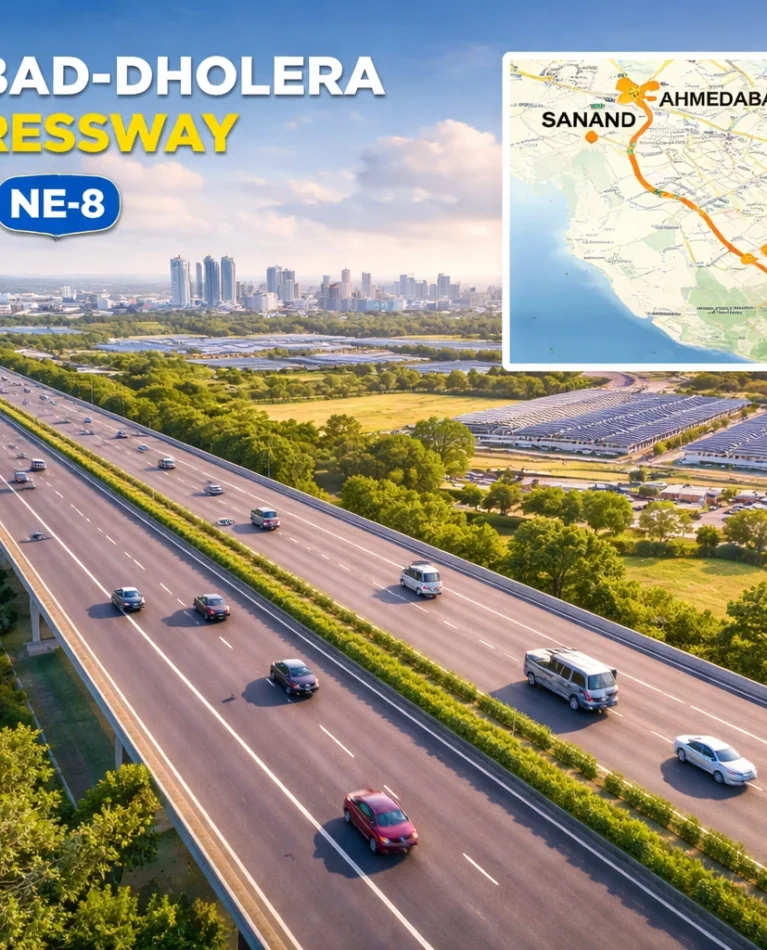 Dholera (2) Ahmedabad Dholera Expressway connecting Ahmedabad to Dholera SIR with multi-lane highway, green landscape, and route map highlighting Sanand and Dholera Smart City