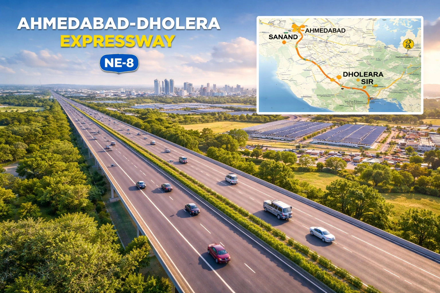 Ahmedabad Dholera Expressway connecting Ahmedabad to Dholera SIR with multi-lane highway, green landscape, and route map highlighting Sanand and Dholera Smart City